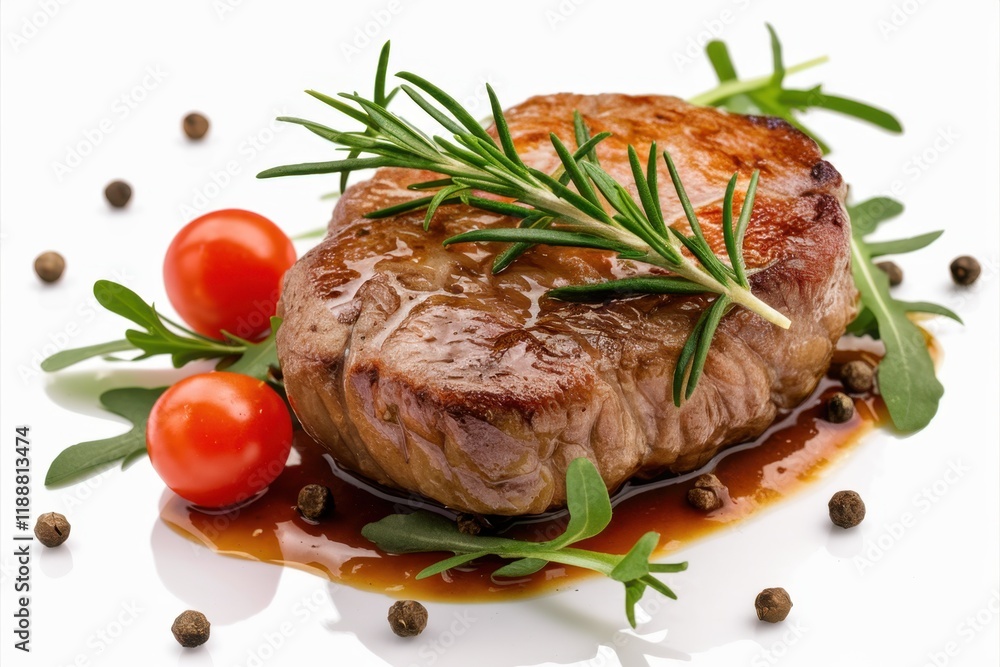 Juicy grilled beef steak, rosemary sprig, cherry tomatoes, peppercorns, sauce drizzle, high-detail food photography, white background, professional lighting, mouth-watering, gourmet cuisine, close-up Juicy grilled beef steak, rosemary sprig, cherry tomatoes, peppercorns, sauce drizzle, high-detail food photography, white background, professional lighting, mouth-watering, gourmet cuisine, close-up
