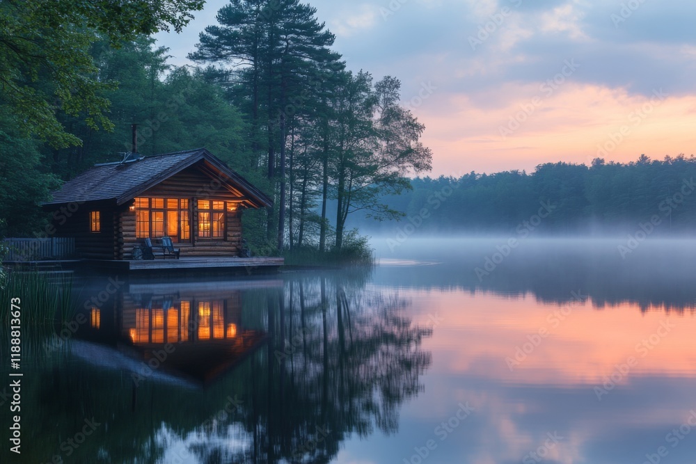 Fototapeta premium Reflection of a wooden lake house on calm water during dawn