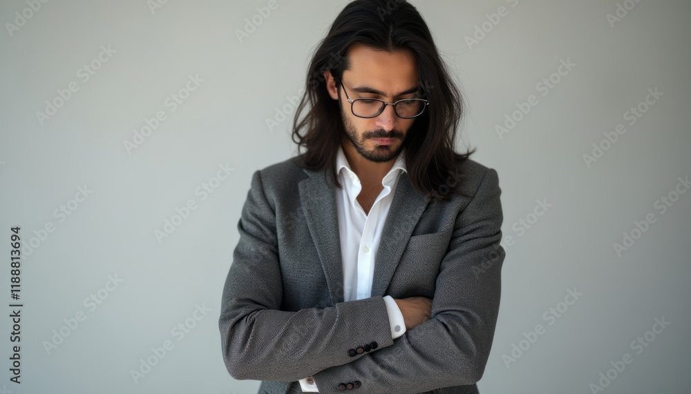 A pensive young man with long dark hair and glasses stands with his arms crossed, dressed in a stylish gray suit. His expression reflects deep contemplation, evoking a sense of introspection and A pensive young man with long dark hair and glasses stands with his arms crossed, dressed in a stylish gray suit. His expression reflects deep contemplation, evoking a sense of introspection and
