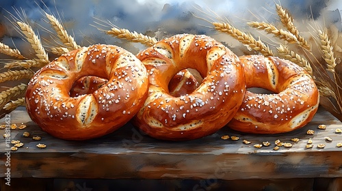 A Delightful Rustic Display of Pretzels and Wheat: A Realistic Watercolor Illustration for Culinary and Oktoberfest Themes photo