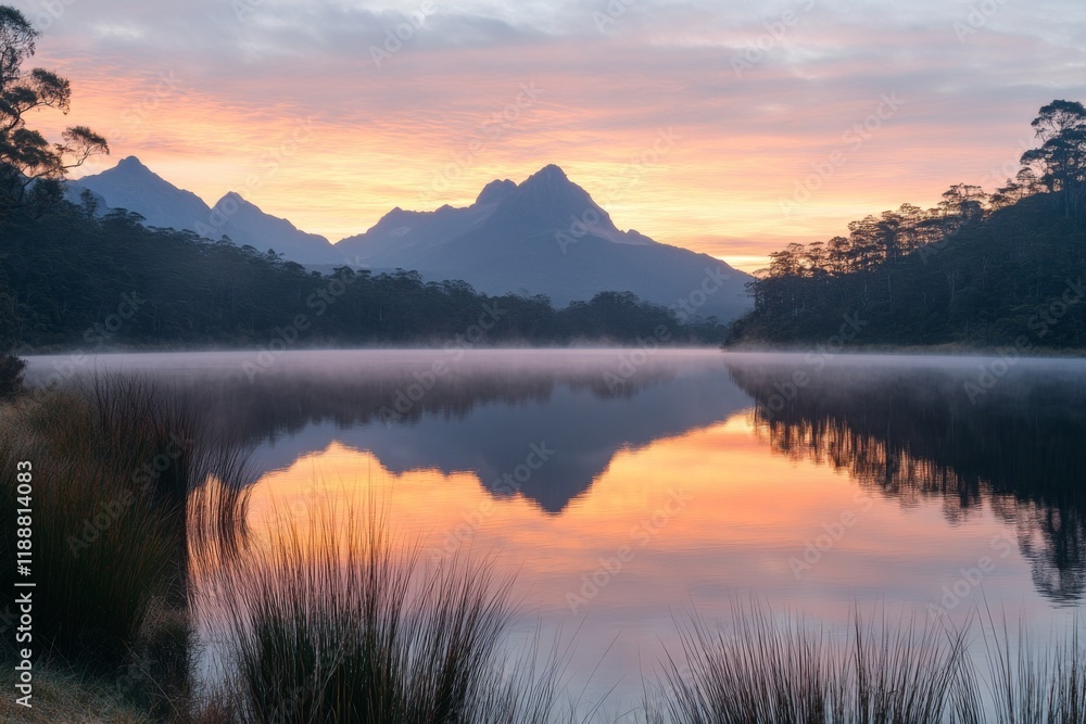 Fototapeta premium Tranquil lake reflecting mountains and trees under a glowing sunset sky