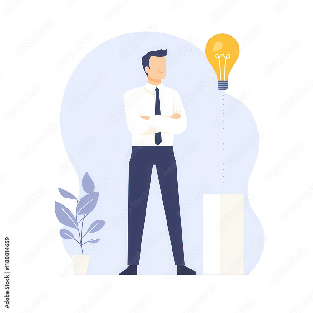 A confident businessman stands with an idea light bulb above him, surrounded by plants., isolated on a transparent background. A confident businessman stands with an idea light bulb above him, surrounded by plants., isolated on a transparent background.