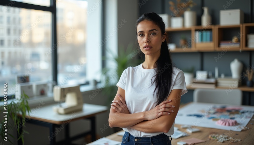 Fototapeta premium A focused young woman stands with her arms crossed in a bright, modern workspace filled with design materials. Her poised expression reflects determination and creativity, embodying the spirit of