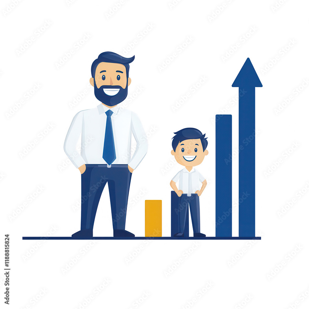 A man and a boy standing next to a bar chart representing growth and success., isolated on a transparent background. A man and a boy standing next to a bar chart representing growth and success., isolated on a transparent background.