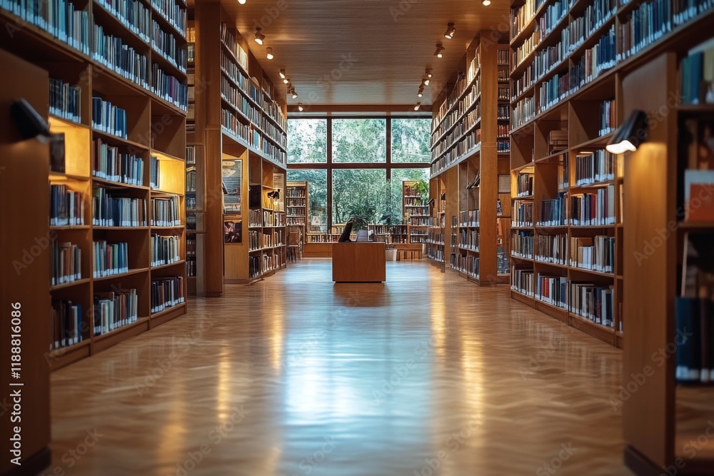 Spacious library with wooden shelves and sunlight streaming in Spacious library with wooden shelves and sunlight streaming in