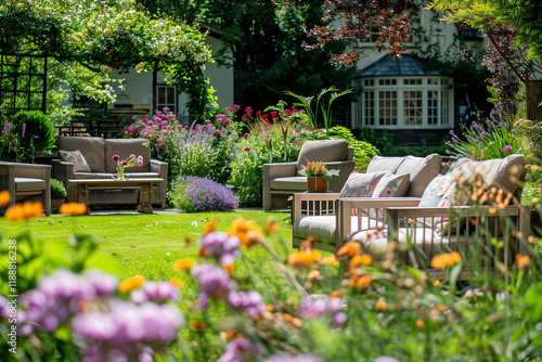 Cozy patio area with garden furniture, colorful flower beds and a mansion background