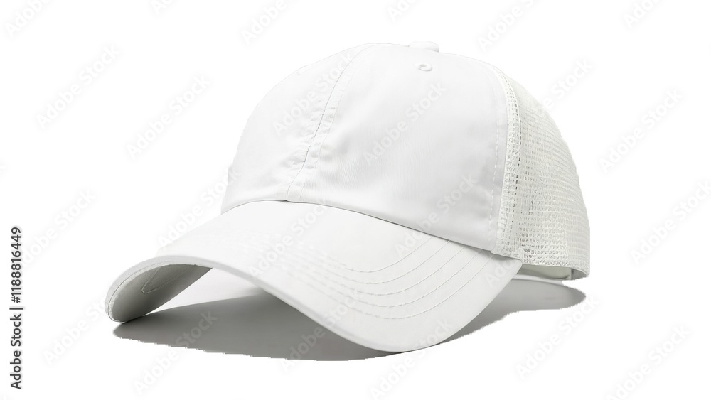 Fototapeta premium White baseball cap with mesh, isolated on white background, copy space, space for your text