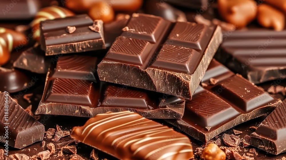 Broken chocolate bar texture crumbs concept. A close-up of various chocolate bars and pieces, showcasing rich colors and textures, surrounded by chocolate-covered nuts. Broken chocolate bar texture crumbs concept. A close-up of various chocolate bars and pieces, showcasing rich colors and textures, surrounded by chocolate-covered nuts.