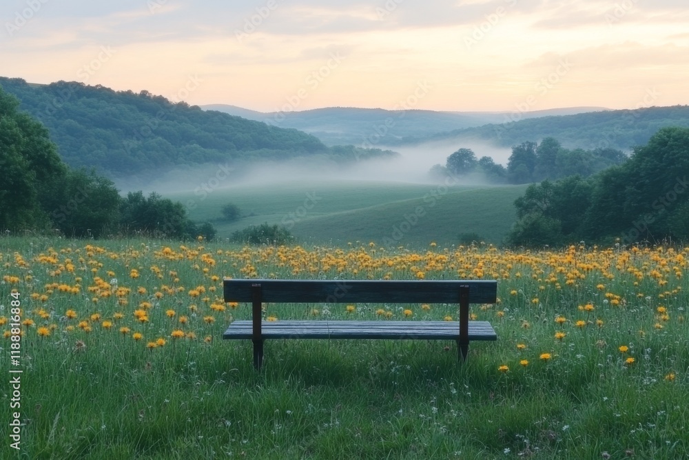 Wooden bench in a green meadow surrounded by hills and morning mist Wooden bench in a green meadow surrounded by hills and morning mist
