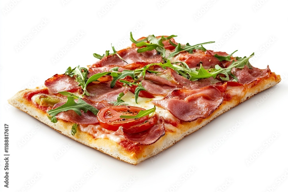 Slice of fresh pizza with vegetables & meat isolated on white background with generative ai Slice of fresh pizza with vegetables & meat isolated on white background with generative ai