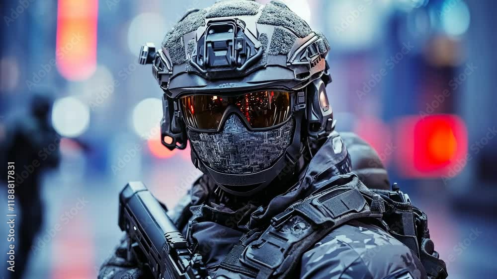 Military personnel in tactical gear pose confidently in urban environment during nighttime operation Military personnel in tactical gear pose confidently in urban environment during nighttime operation