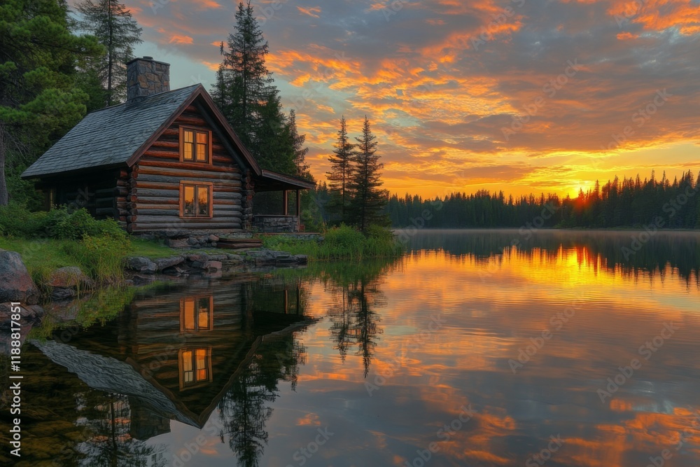 Fototapeta premium Cozy wooden cabin on lake surrounded by autumn trees