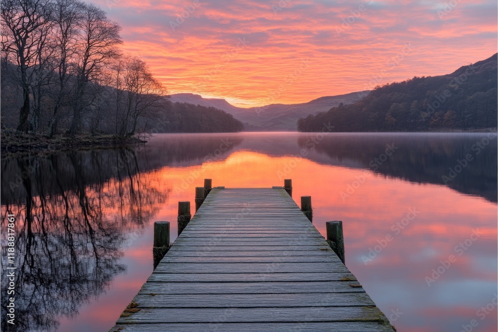 Fototapeta premium Wooden dock extending into tranquil lake at sunset