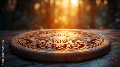 Intricate wooden coaster on dark table, forest bokeh background. photo