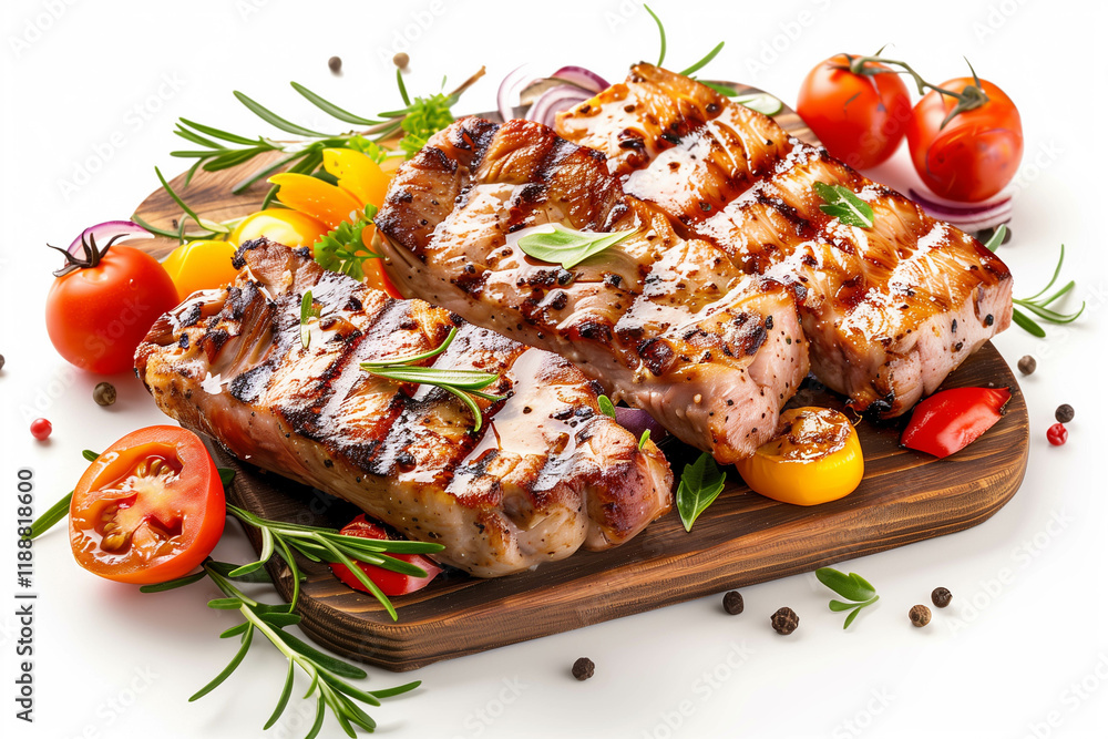 Grilled pork fillet and vegetables isolated on white background, pork barbecue. Grilled pork fillet and vegetables isolated on white background, pork barbecue.
