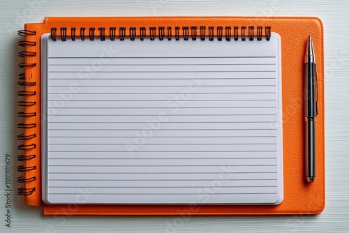 Orange clipboard and notebook on a blue desk with green plants