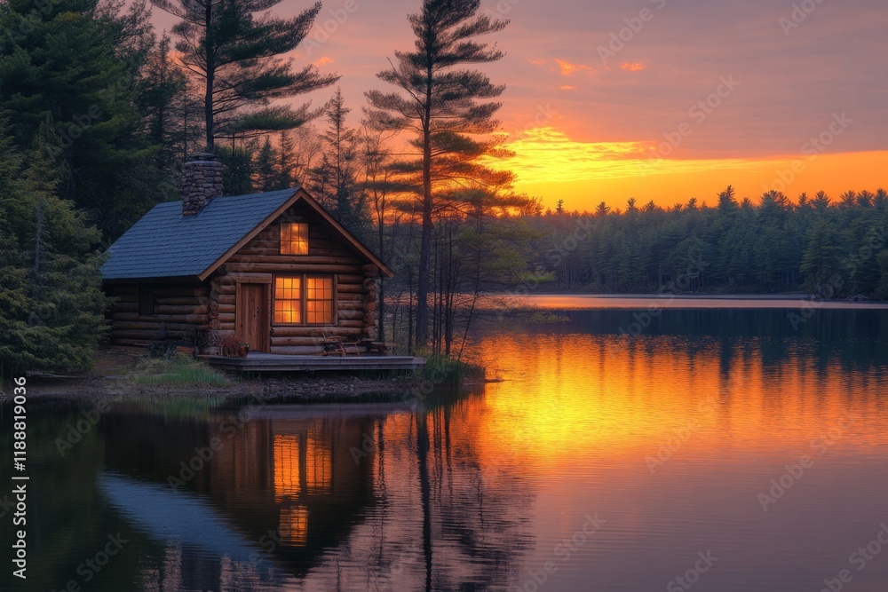 Fototapeta premium Cozy lakeside cabin reflecting in calm water during sunset