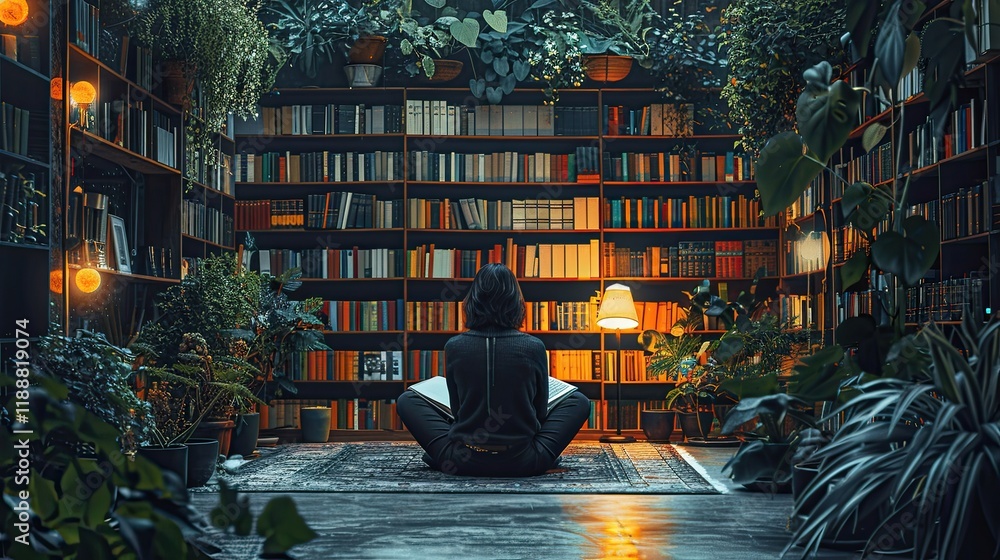 Library: Rows of bookshelves with a person sitting cross-legged reading under a lamp Library: Rows of bookshelves with a person sitting cross-legged reading under a lamp