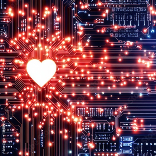 A vibrant heart surrounded by glowing circuitry, symbolizing the intersection of technology and emotion.
