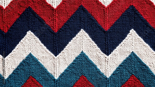 Zigzag knitted fabric in red, blue and white colors.