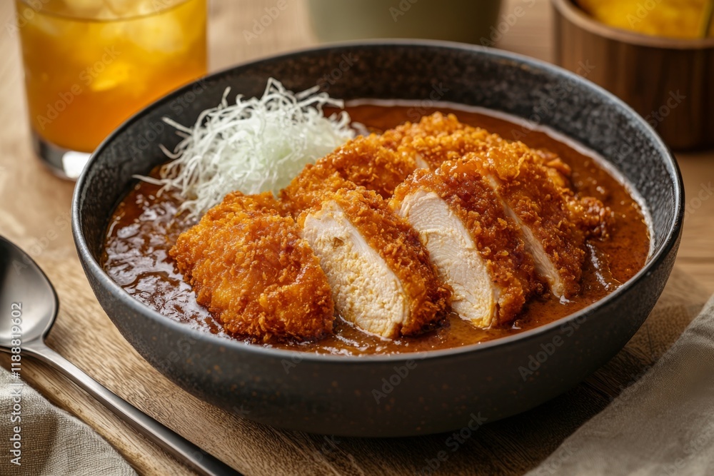 bowl of chicken katsu curry, featuring perfectly cooked chicken katsu in a savory curry sauce, accompanied by a refreshing glass of ocha to enhance the flavors bowl of chicken katsu curry, featuring perfectly cooked chicken katsu in a savory curry sauce, accompanied by a refreshing glass of ocha to enhance the flavors