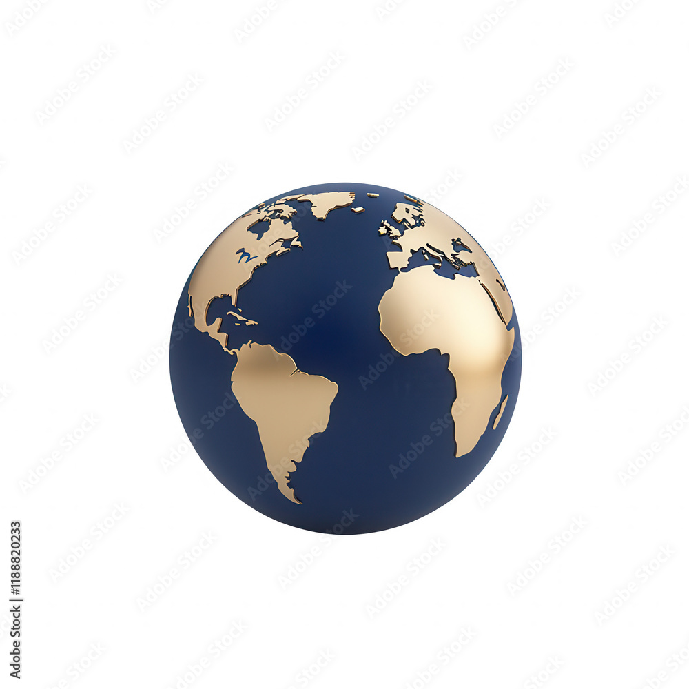 Fototapeta premium A stylized globe showcasing the continents in gold and blue colors., isolated on a transparent background.