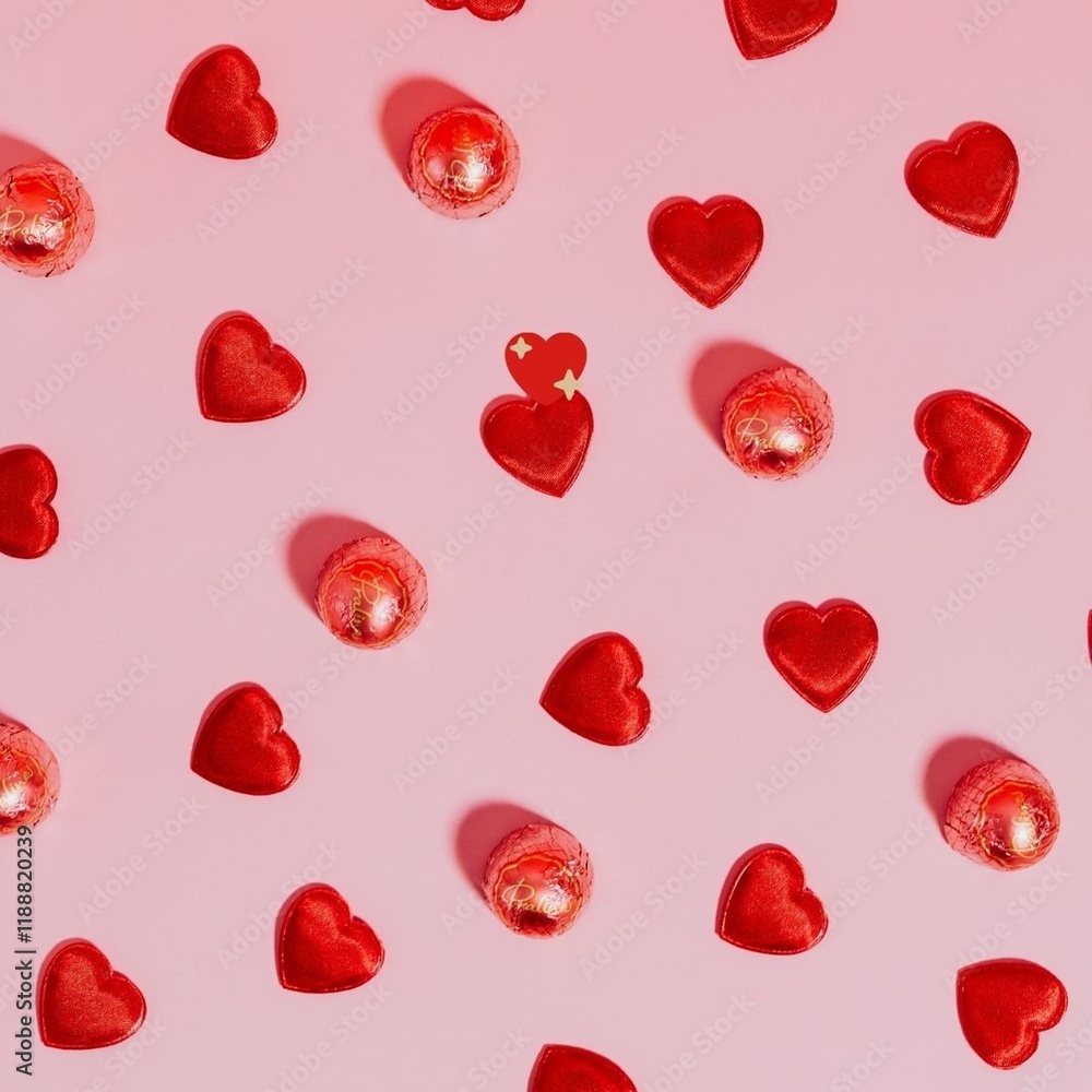 Red Hearts Background Valentine's Day candies pattern on a pink background Red Hearts Background Valentine's Day candies pattern on a pink background