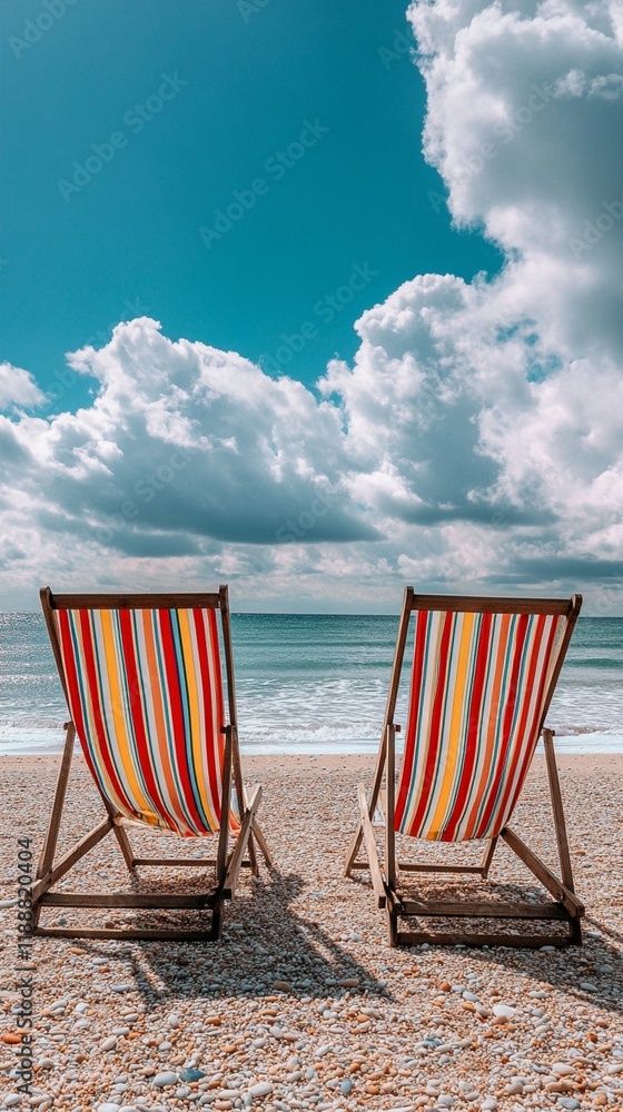 Two colorful striped deck chairs facing the serene ocean under dramatic white fluffy clouds and vibrant turquoise sky, perfect summer vacation scene on empty beach Two colorful striped deck chairs facing the serene ocean under dramatic white fluffy clouds and vibrant turquoise sky, perfect summer vacation scene on empty beach