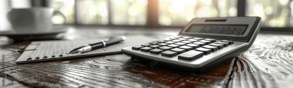 Calculator and a pen on a table, banner, copy space Calculator and a pen on a table, banner, copy space