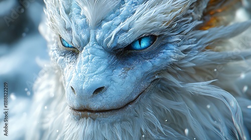 Close-up of a majestic white dragon with icy blue eyes, set against a snowy backdrop. photo
