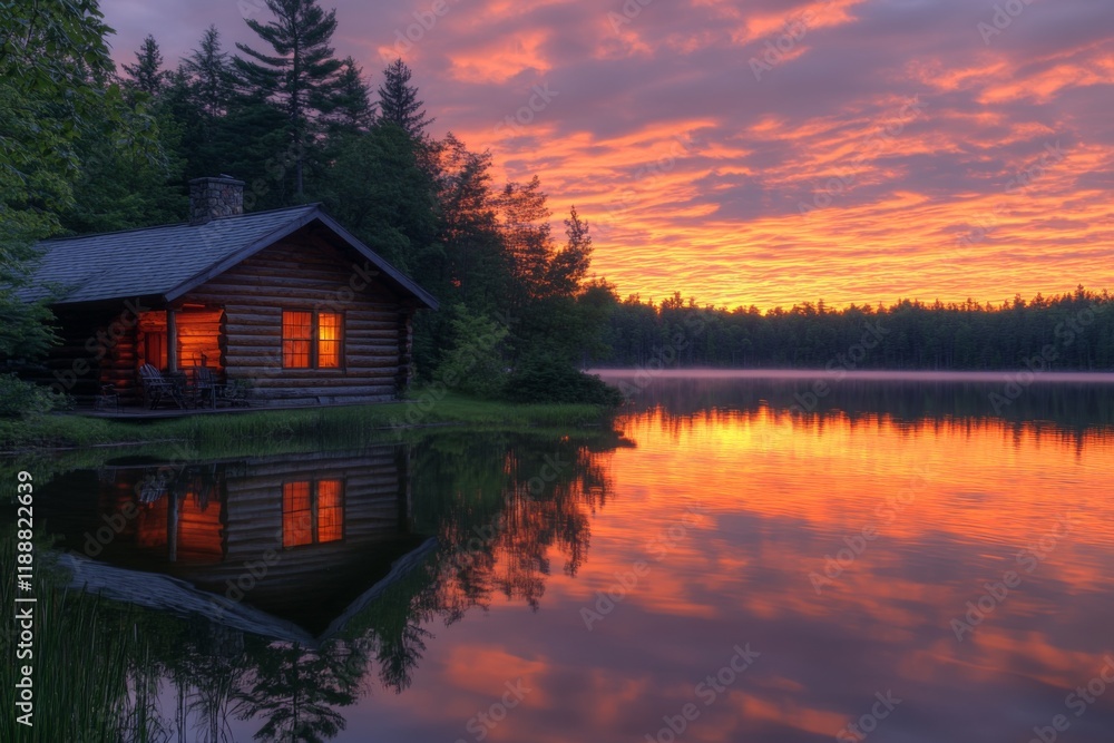 Fototapeta premium Log cabin by a lake during a colorful sunset with reflections on water