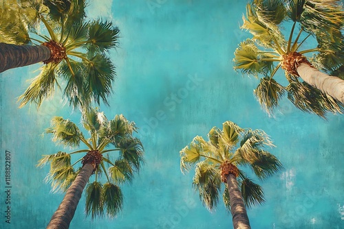 Vintage palm trees reaching skyward tropical paradise photography bright atmosphere low angle