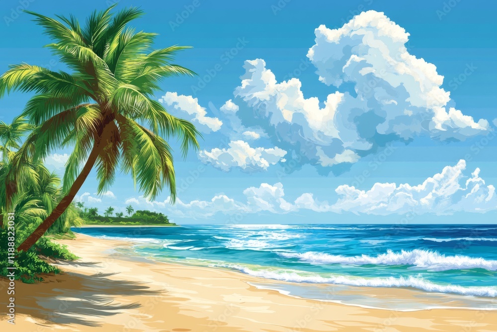 Fototapeta premium Tropical beach with turquoise water and palm trees under a sunny sky