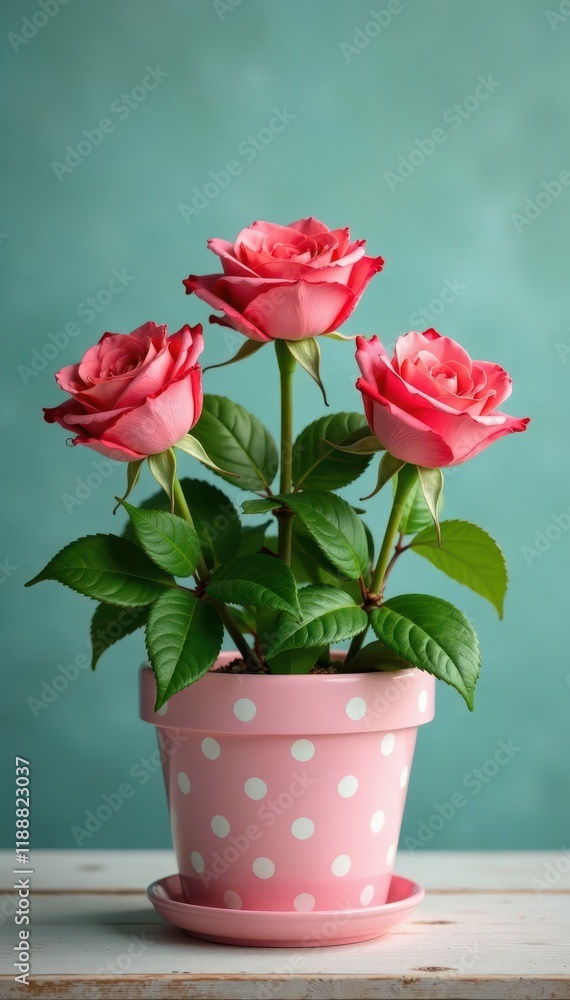 Gorgeous roses in a charming polka dot planter , bloom, still life Gorgeous roses in a charming polka dot planter , bloom, still life