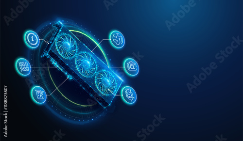 Abstract illustration of low poly GPU graphics card accelerator with AI themed lineart icons. Geometric background on artificial intelligence technology computing hardware concept by wireframe mesh