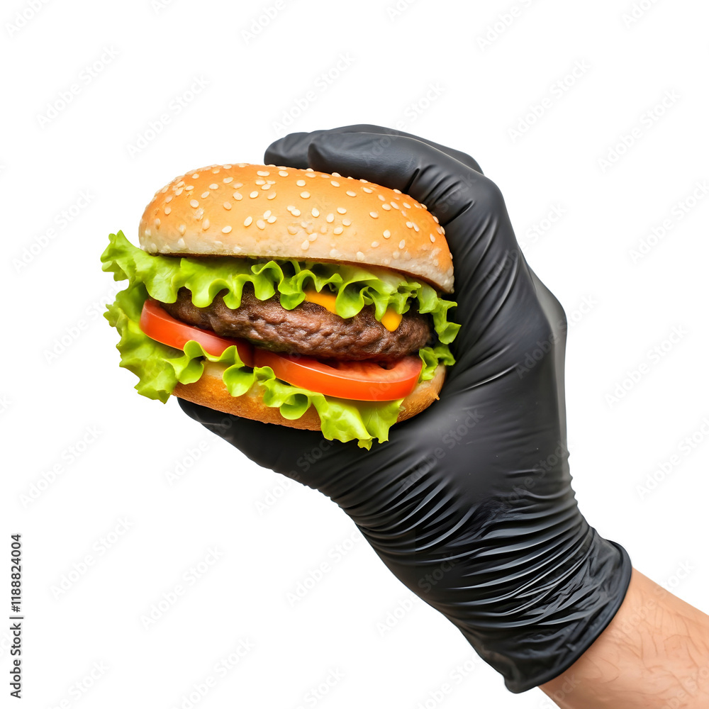 Delicious Hamburger with Fresh Vegetables Held by Gloved Hand Isolated on Transparent Background. PNG Delicious Hamburger with Fresh Vegetables Held by Gloved Hand Isolated on Transparent Background. PNG