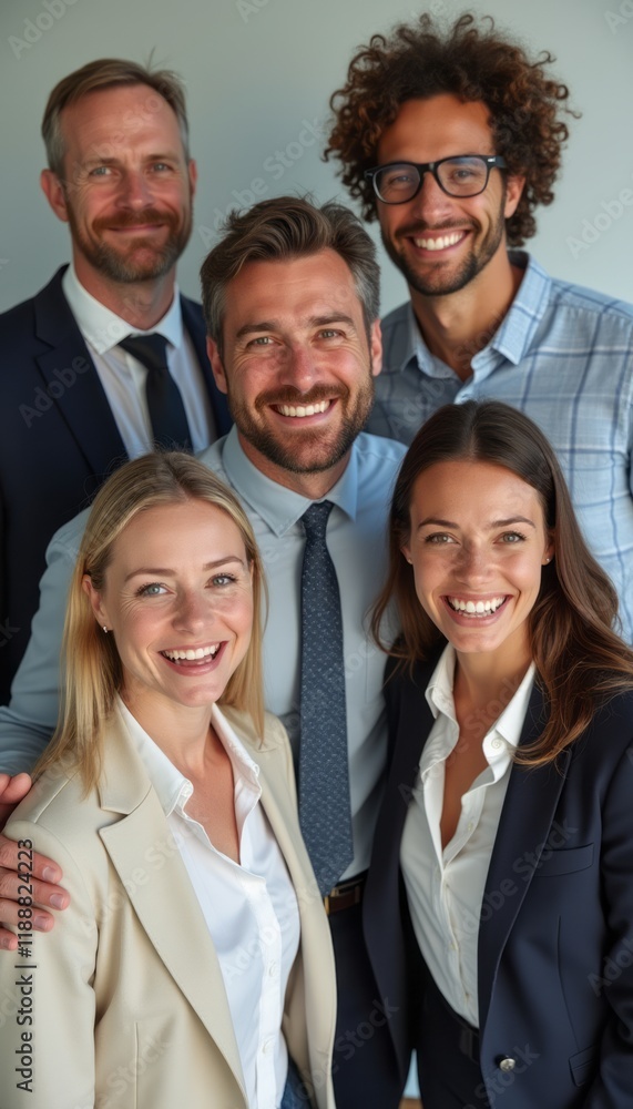 A diverse group of five professionals, smiling brightly, showcases teamwork and camaraderie in a modern office setting. Their confident expressions and stylish attire reflect a positive work A diverse group of five professionals, smiling brightly, showcases teamwork and camaraderie in a modern office setting. Their confident expressions and stylish attire reflect a positive work