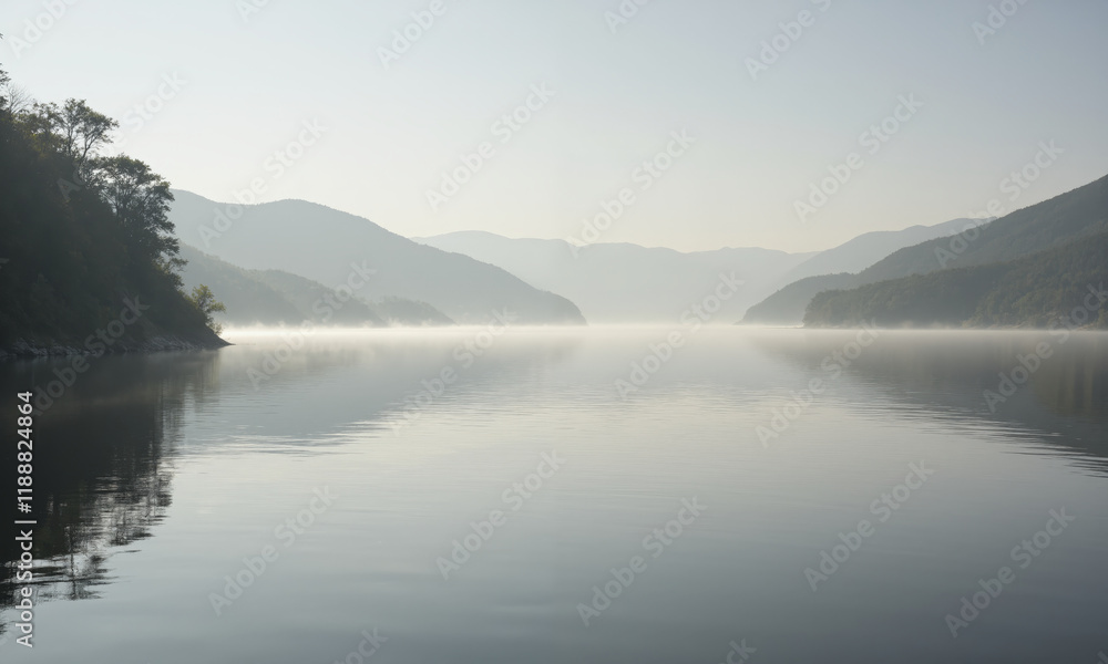Obraz premium A calm, serene lake surrounded by low-lying hills, where the early morning mist meets the gently rippling water. The colors