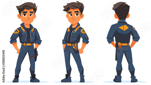Group of people in poses wearing police uniforms and accessories like hats, helmets, and guns, depicting characters of various occupations such as officers and workers in a cartoon style