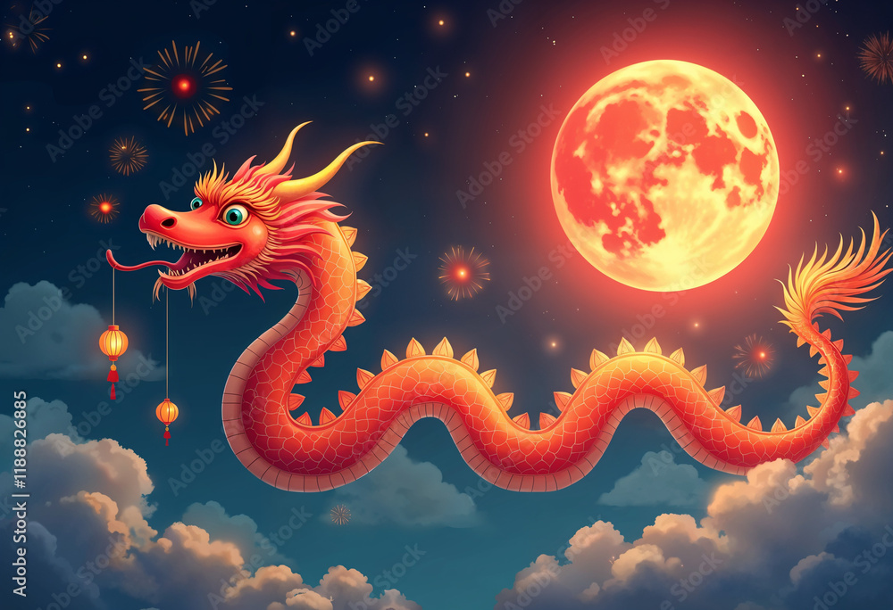 Fototapeta premium A glowing dragon ascends through clouds toward a radiant red moon, embodying Lunar New Year mysticism.