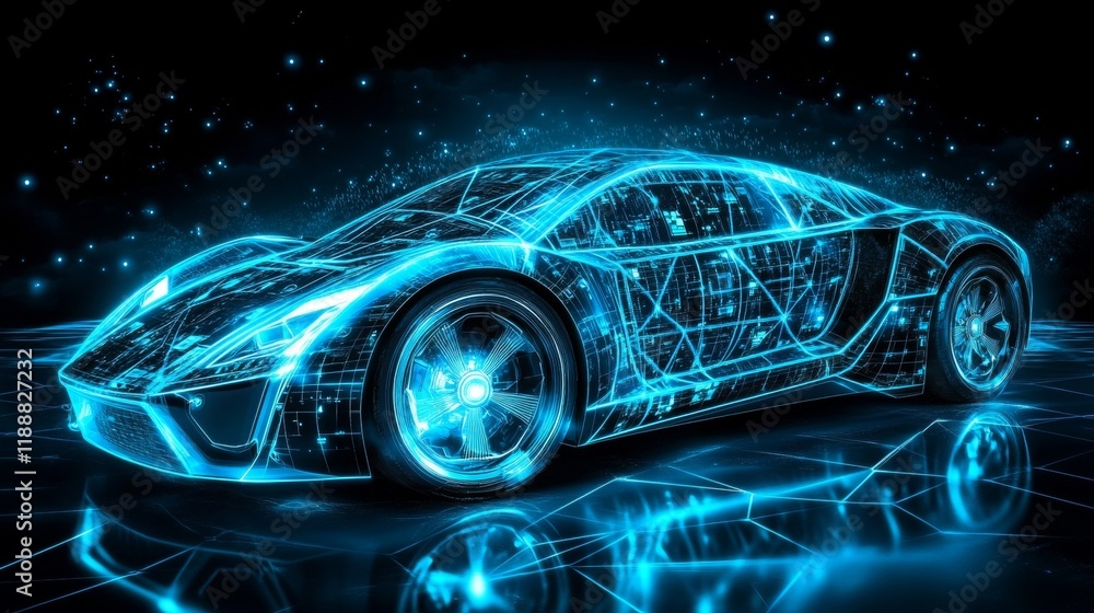 Futuristic Holographic Sports Car, Digital Technology, Automotive Innovation, Concept Design Futuristic Holographic Sports Car, Digital Technology, Automotive Innovation, Concept Design