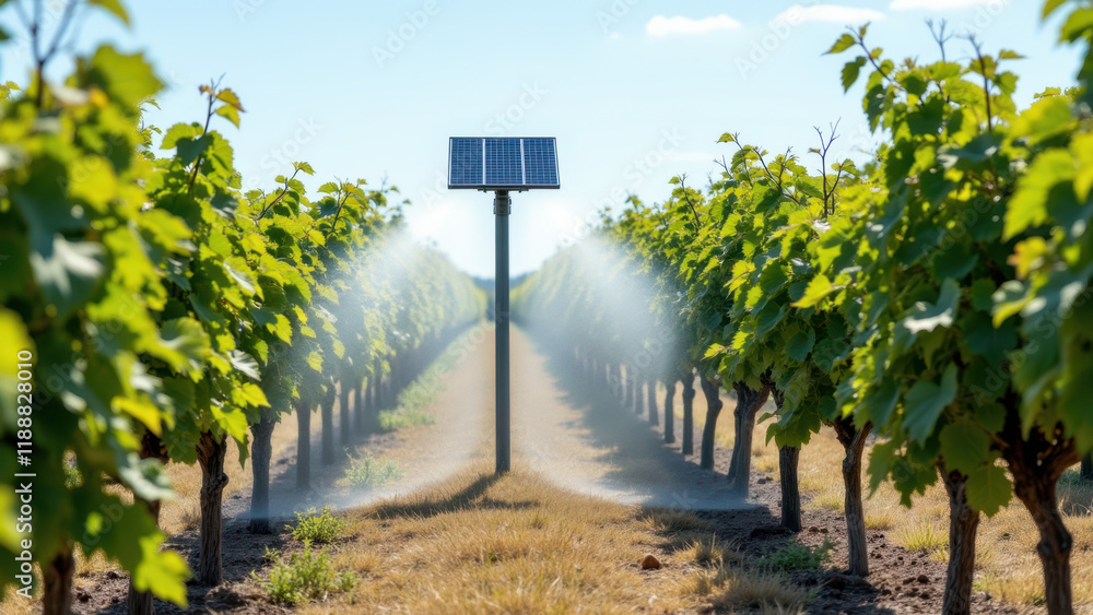 Fototapeta premium Solar energy irrigation system sustaining grapevines.