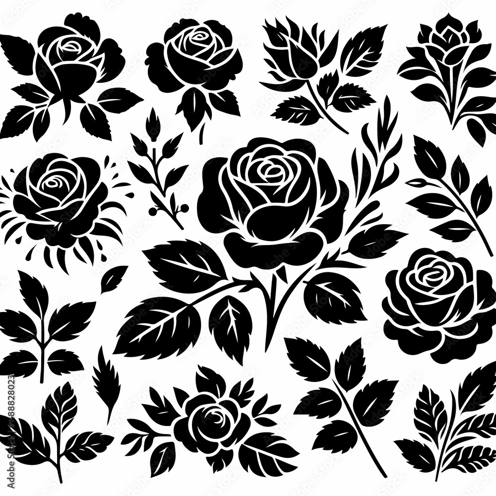 This image features a collection of stylized black silhouette roses, leaves, and stems, perfect for design elements in various projects. This image features a collection of stylized black silhouette roses, leaves, and stems, perfect for design elements in various projects.