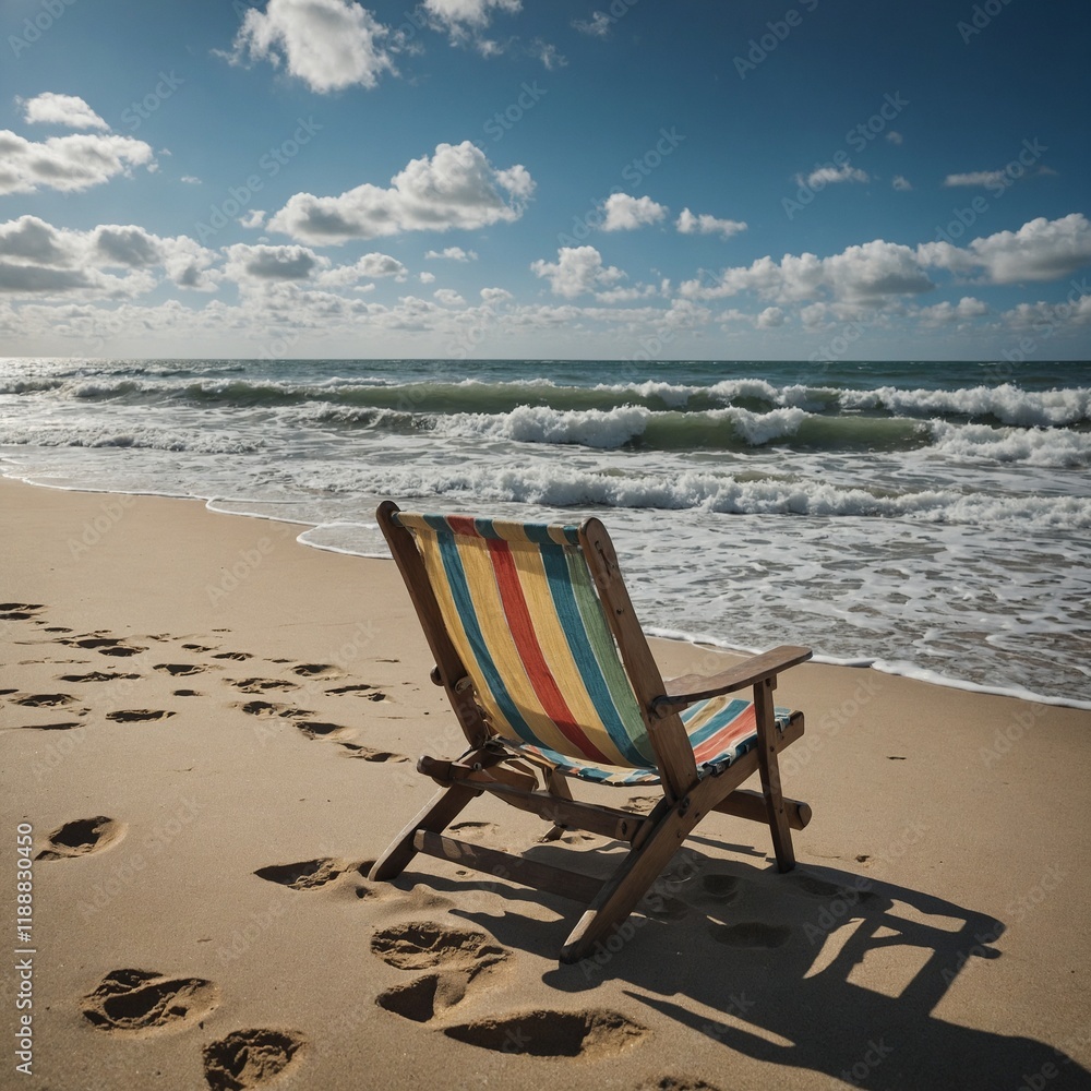 A lone beach chair facing the waves on a sunny, tranquil beach. A lone beach chair facing the waves on a sunny, tranquil beach.