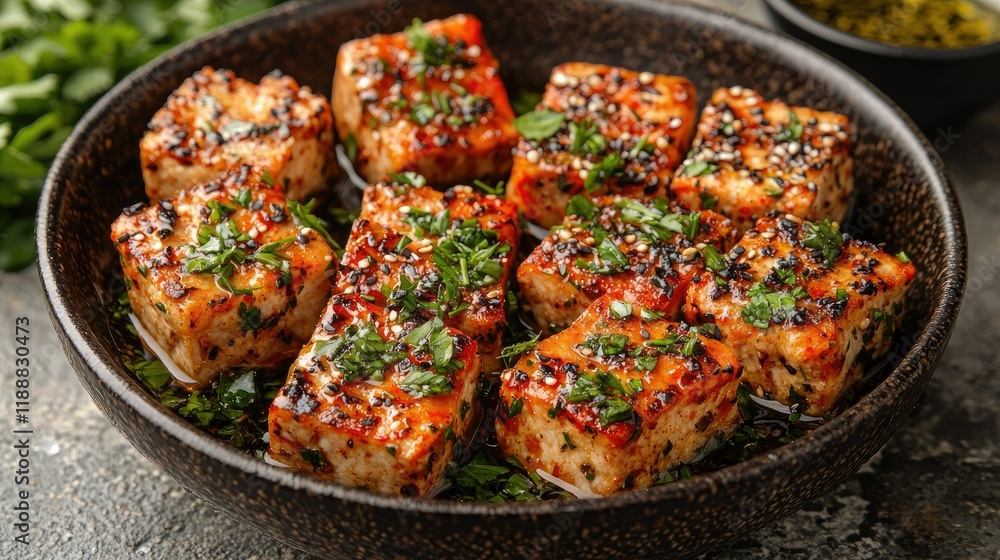 Sesame Glazed Tofu Cubes in a Dark Bowl Sesame Glazed Tofu Cubes in a Dark Bowl