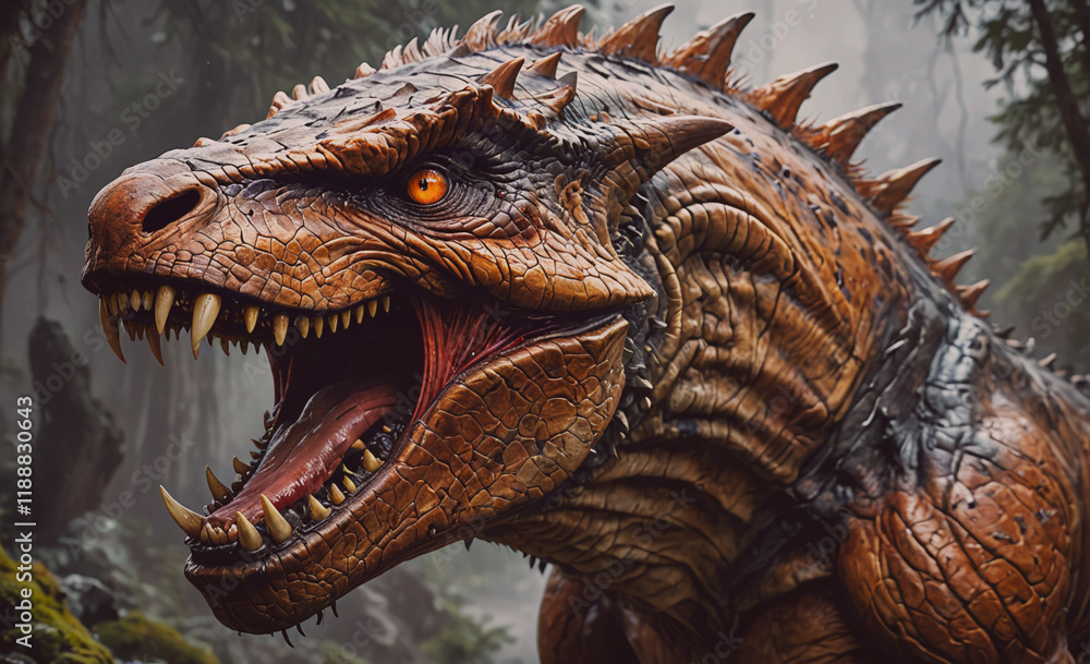 Large dinosaur with a mouth open and teeth showing. The dinosaur is brown and has a lot of spikes Large dinosaur with a mouth open and teeth showing. The dinosaur is brown and has a lot of spikes