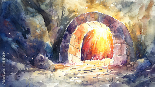 watercolor illustration, open tomb, radiant light, Resurrection, symbolic art, themes of triumph, life over death, serene imagery, artistic expression, spiritual significance, emotional depth, uplift