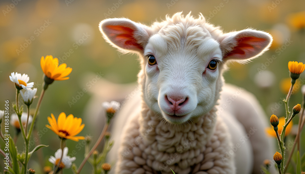 Fototapeta premium Cute lamb surrounded by colorful flowers in a vibrant grassy field during spring