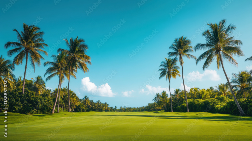 scenic golf course framed by towering palm trees under clear blue sky scenic golf course framed by towering palm trees under clear blue sky