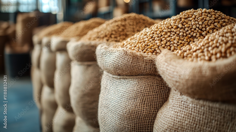 Close-up of burlap sacks filled with wheat grains in a warehouse. Close-up of burlap sacks filled with wheat grains in a warehouse.